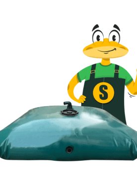 Illustration Maciterne Serena Group – citerne souple avec vanne laiton, mascotte expliquant installation citerne pluie